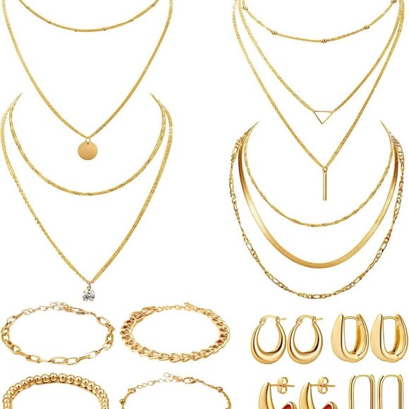12 Pcs Gold Silver Jewelry Sets for Women Layered Set of Earring Necklace Bracel - Picture 1 of 7